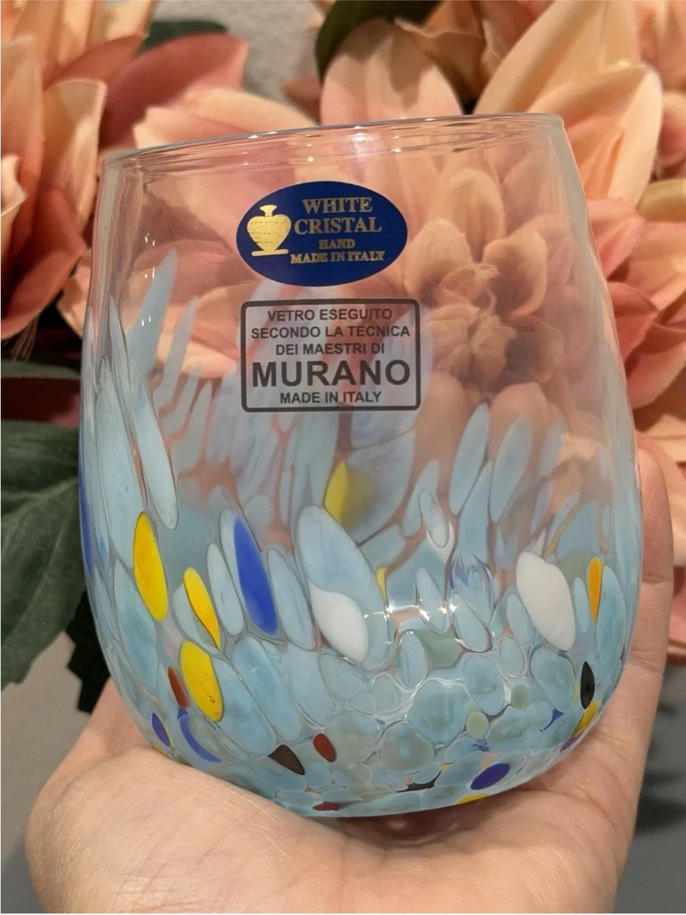 Murano White Cristal Celeste Blue Confetti Stemless Glass Wine Tumbler Set- 4
